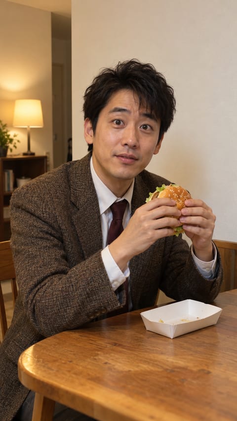Example of a good photo: one man seated at a table, face lit and looking at the camera